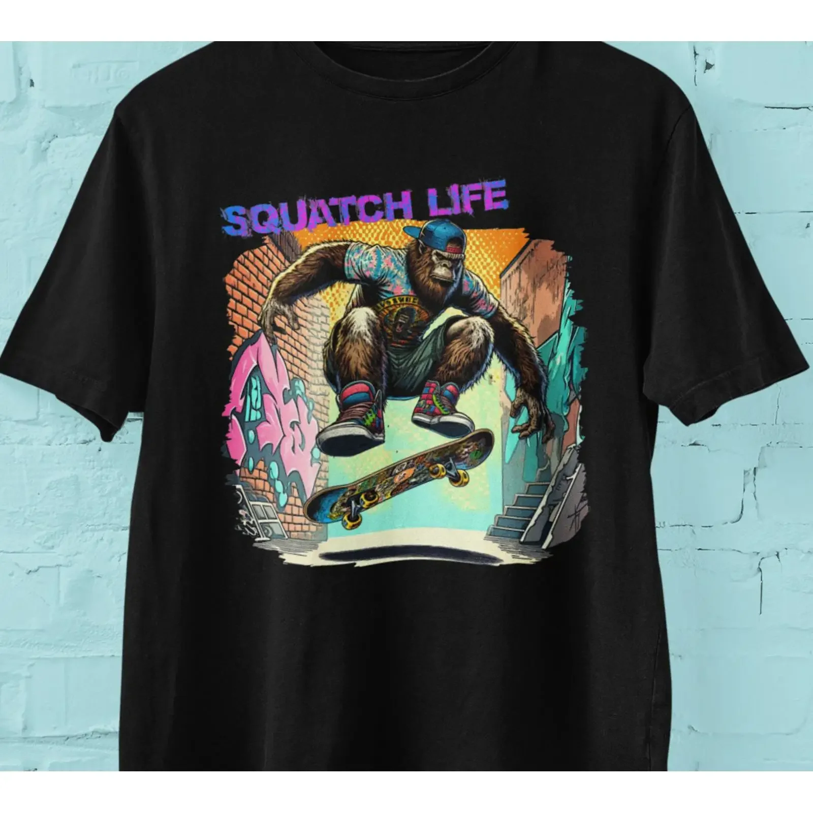 Squatch Life skateboard modern t shirt vintage Washed Breathable graphic Slightly Stylish Top For Everyday Wear Soft