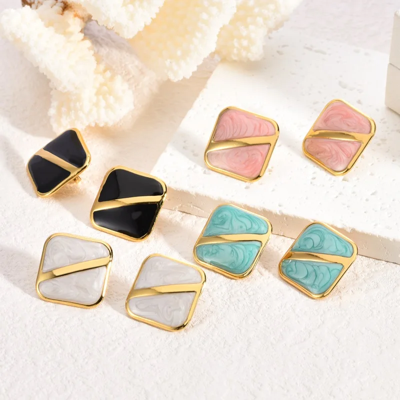 Designer Gold Color Stainless Steel Colored Resin Drops Pink Black Green Square Stud Earrings for Women Girl Korean Jewelry Gift