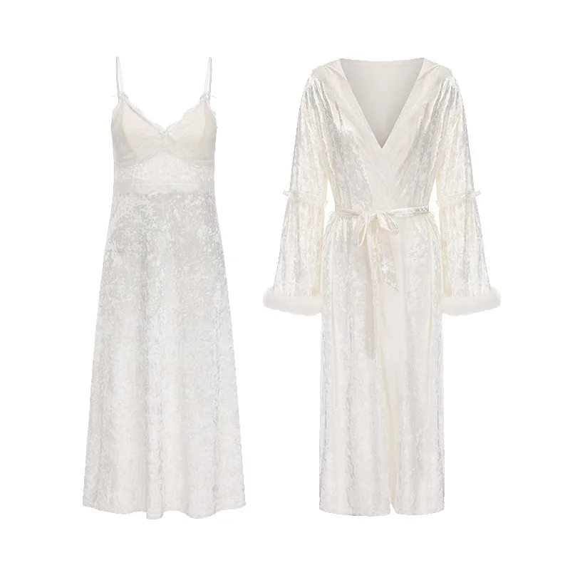 Ensemble de Chemise de nuit en velours, soutien-gorge intégré, Push Up, Chemise Sexy en V profond avec Robe, pyjama inspiré de la Lingerie thermique d'automne pour femmes