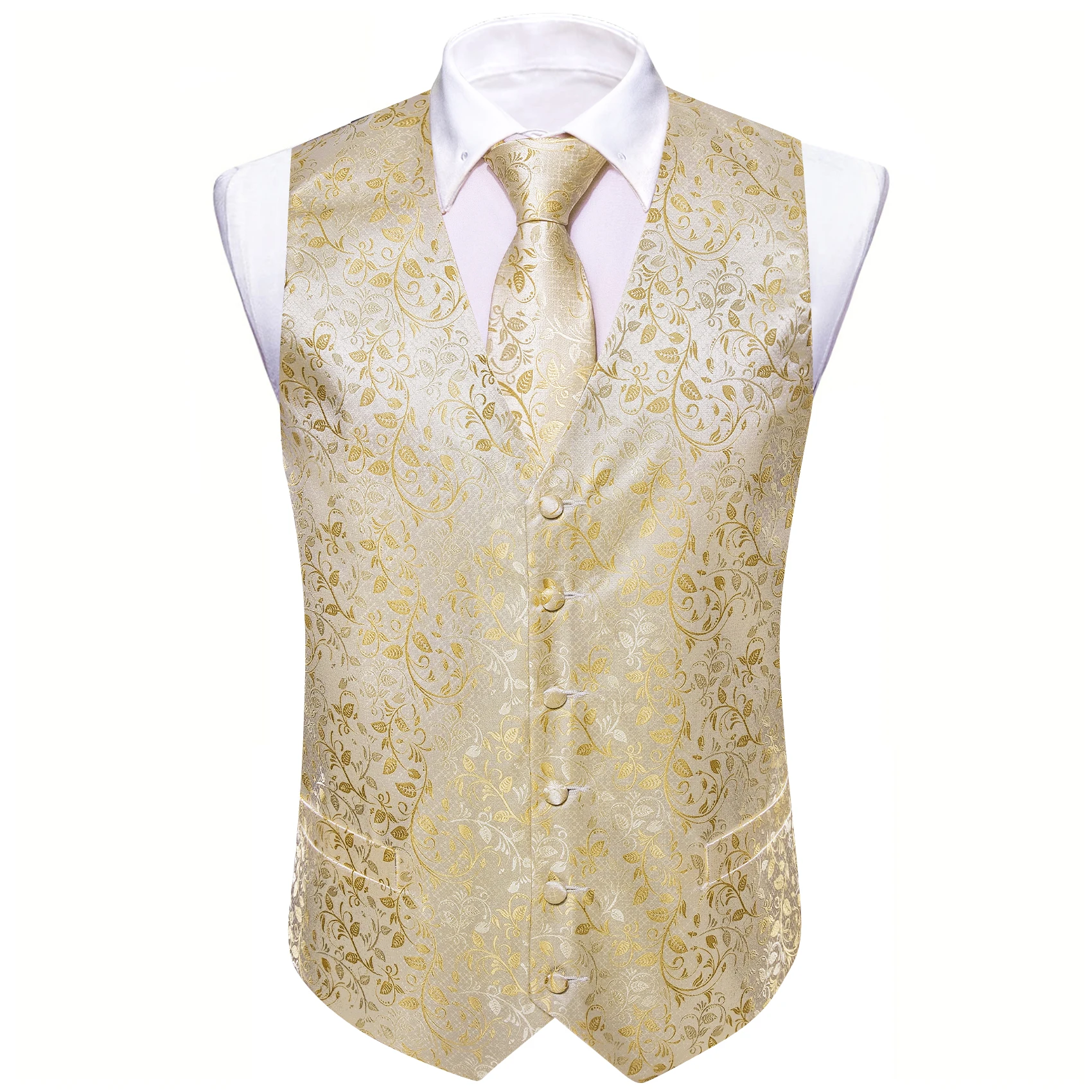 Mens\'s Suit Vest Gold Yellow Paisley Sold Flower Embroidered Waistcoat Tie Hanky Formal Sleeveless Jacket Barry Wang