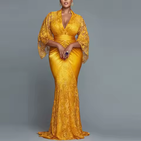 Gold Lace Mermaid Prom Dress Deep V Neck Long Sleeves Evening Gowns Aso Ebi Women Formal Occasion Party Dress