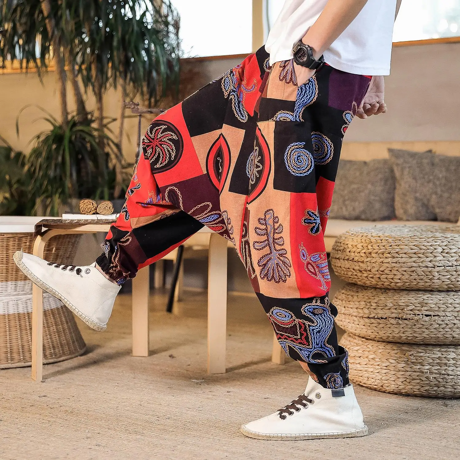 2024 Men Harem Pants Print Retro Drop Crotch Joggers Trousers Men Baggy Loose Nepal Style Men Casual Pants M-5Xl