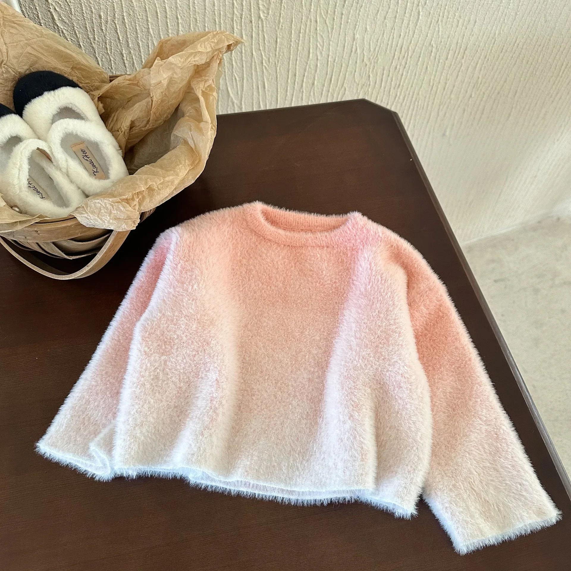 

Sweater Girls Round Neck Autumn Spring New Powder Gradient Soft Long Sleeved Tops Versatile Sweet Pink Fashion Loose