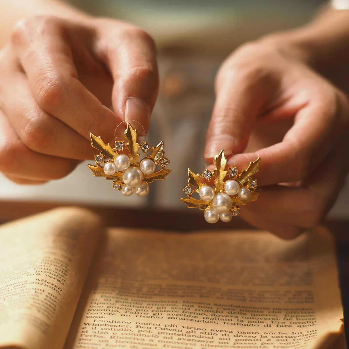 

Vintage French Pine Leaf Pearl Courtly Style Stud Earrings
