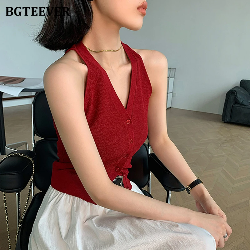 BGTEEVER Vintage Slim Ladies Single-breasted Knitted Tank Tops Stylish Female Solid Sleeveless Camisole Summer Women Vests