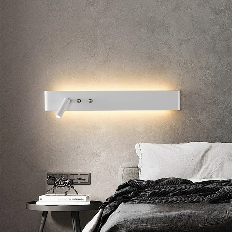 Modern Minimalist Black White LED Wall Lamp With Switch Bedroom Bedside Study Reading Lamps Line Background Wall Sconce Light