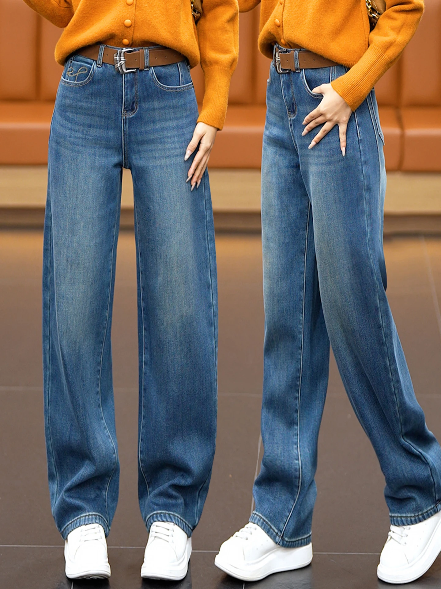 

Retro High Waist Slimming Fleece Lined Narrow Version Wide Leg Jeans Women Spring Autumn Winter New Style Embroidered Knife