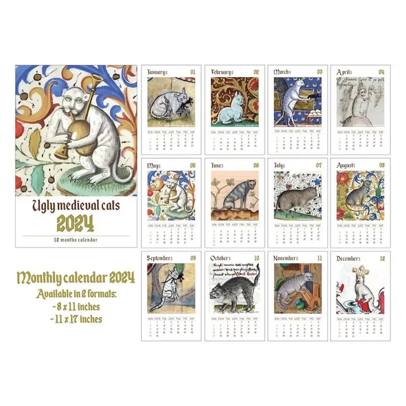 Calendario de gatos medievales feo, planificador mensual divertido de pared, colgante de pared, regalos únicos para amantes de los gatos, 2024