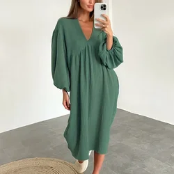 Summer V-neck Women Beach Dresses Fashion Solid Cotton Linen Loose Fit Soft Home Sleeping Dress Casual Lantern Sleeve Long Dress