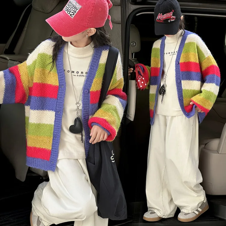 

autumn winter teenage girls gradient sweater cardigan 4 6 8 10 12 14 junior kids Thick knitted sweater jacket child outerwear
