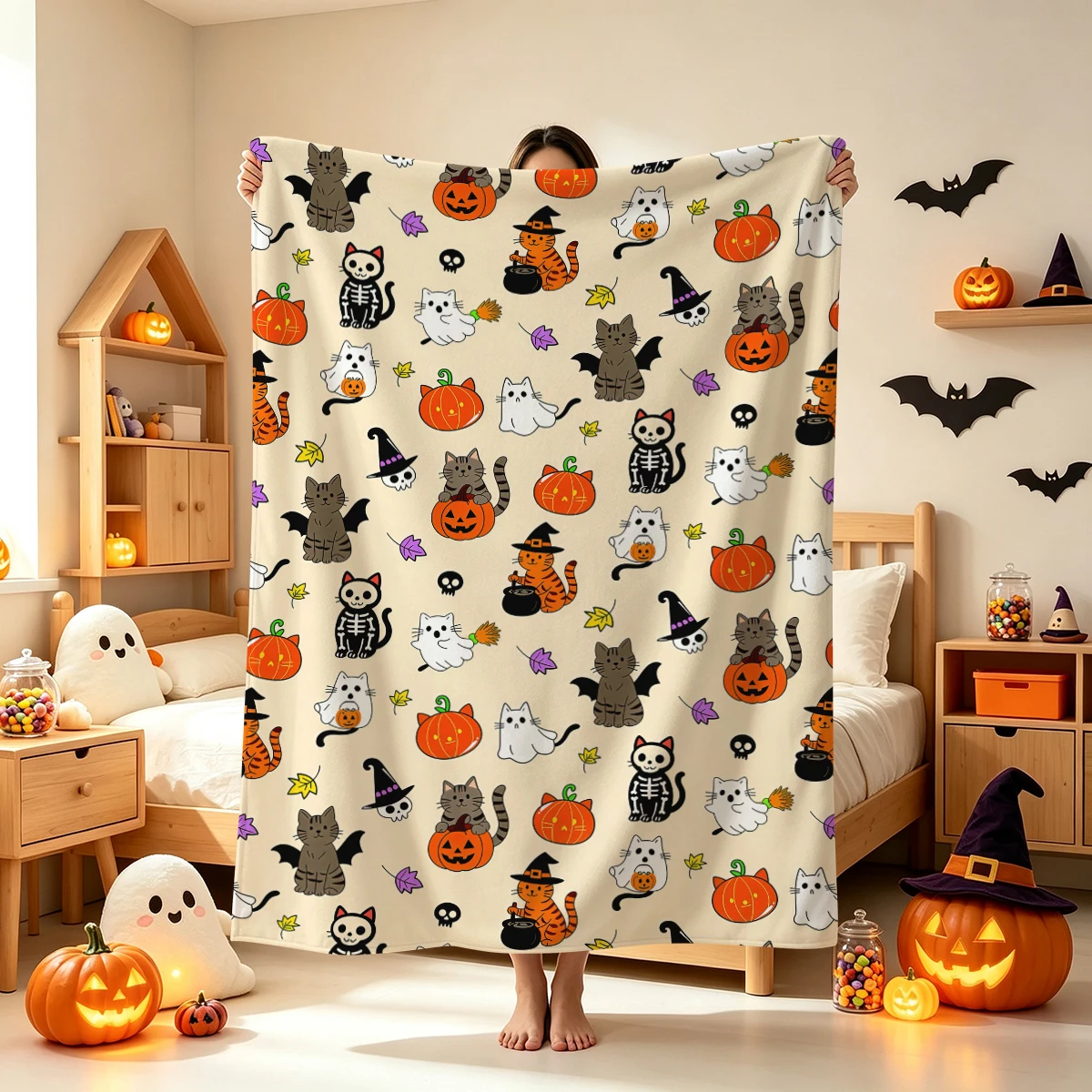 1pc Cute Halloween Skeleton Cat Flannel Throw Blanket Soft Nap Cover Blanket for Couch Bedroom Holiday Decoration
