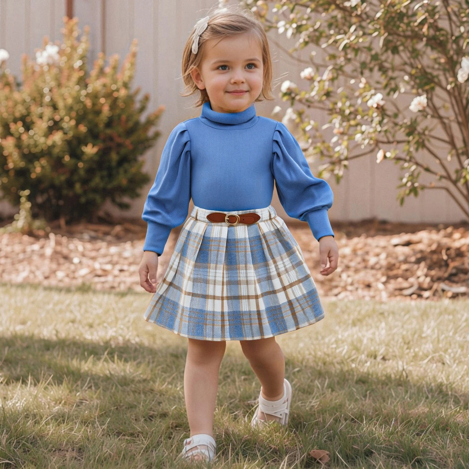 أطقم ملابس خريفية عصرية للفتيات الصغيرات من FOCUSNORM 0-4Y قطع علوية بأكمام طويلة ورقبة سلحفاة متينة وتنانير منقوشة على شكل حرف a #3