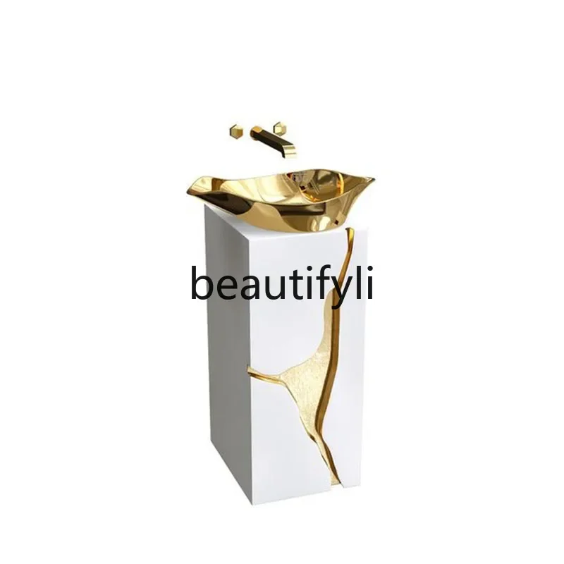 

Light luxury washbasin integrated column basin villa bathroom metal creative washbasin