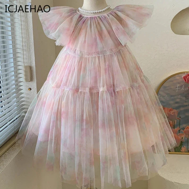 

ICJAEHAO 2024 Fashion Colorful Cute Sweet Girls Mesh Dresses Round Neck Kids Vestidos Ball Rainbow Children's Costumes Summer