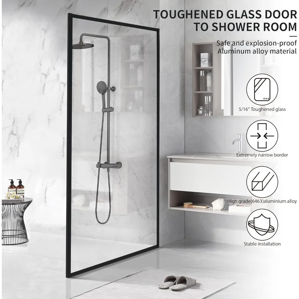 Shower Glass Door, Fixed, 34“ * 74”, Framed 8mm Tempered Glass Panel for Walk-In Bathroom, Shower Glass Screen