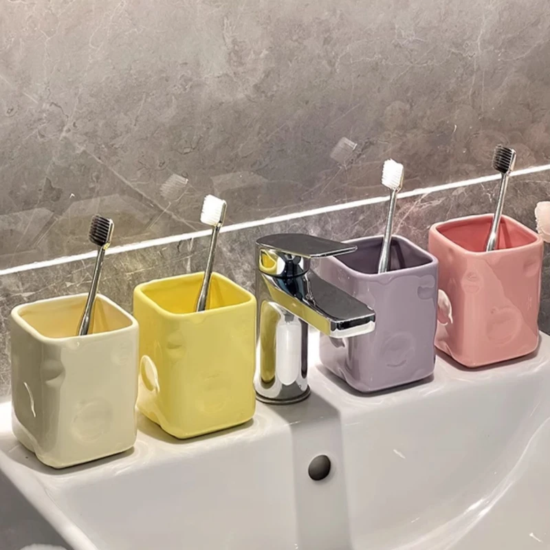 Bathroom Square Ceramic Mouthwash Cup Household Toothbrush Cups Hotel Toiletries Home Furnishing Decoration Wash Basin Ornaments