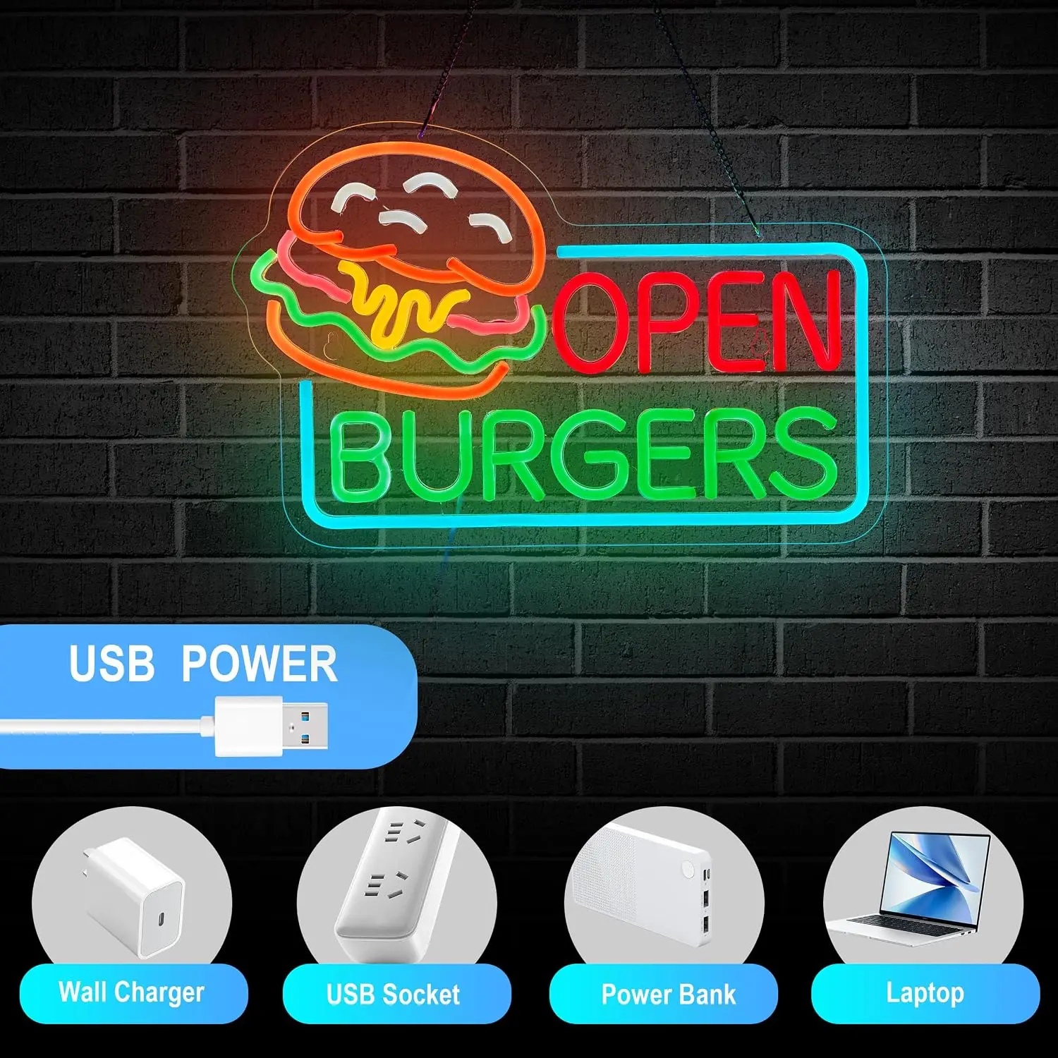 Burgers Open Neon Sign LED Neon Light Hamburger USB Powered Lamp for Restaurant Fast Food Diner Bar Party Business Wall Decor