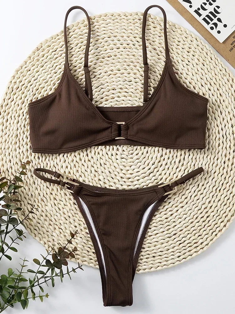 Sexy Ribbed Metal Chain Bikinis 2025 High Cut Bikini Female Swimsuit Women Swimwear Two-pieces Bikini Set Bathing Suit Swim Lady