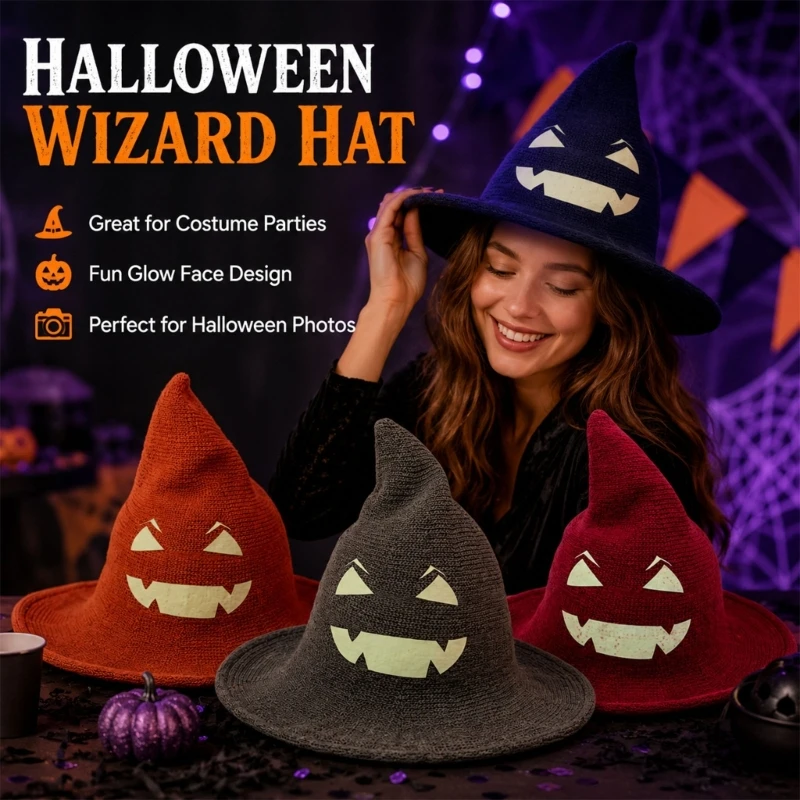 Noctilucence Witch Hat with Skull Face, Pointed and Wide Brims, Knit Wizard Hat for Halloween Costume Styling, Theme Par