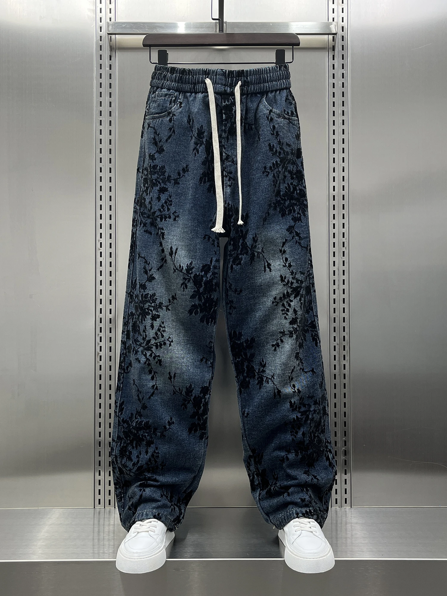 

Мужские джинсы Street Sle с принтом, свободного кроя, синие, весна 2026, повседневные брюки с завязками на талии, с ретро-узором, удобные для носки