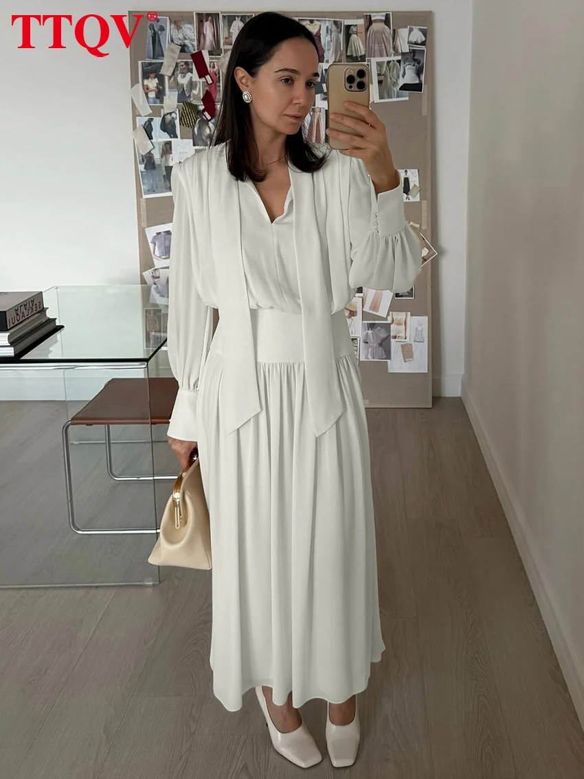 

TTQV Fashion Loose White Women's Dress 2026 Spring Bow Collar Long Sleeve Ankle Length Dresses Elegant Classic Female Dress