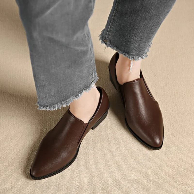 2025年新作 レディース フレンチレトロローファー - ポインテッドトゥ スリッポン 厚底ヒール & 通気性デザイン、春秋快適シューズ