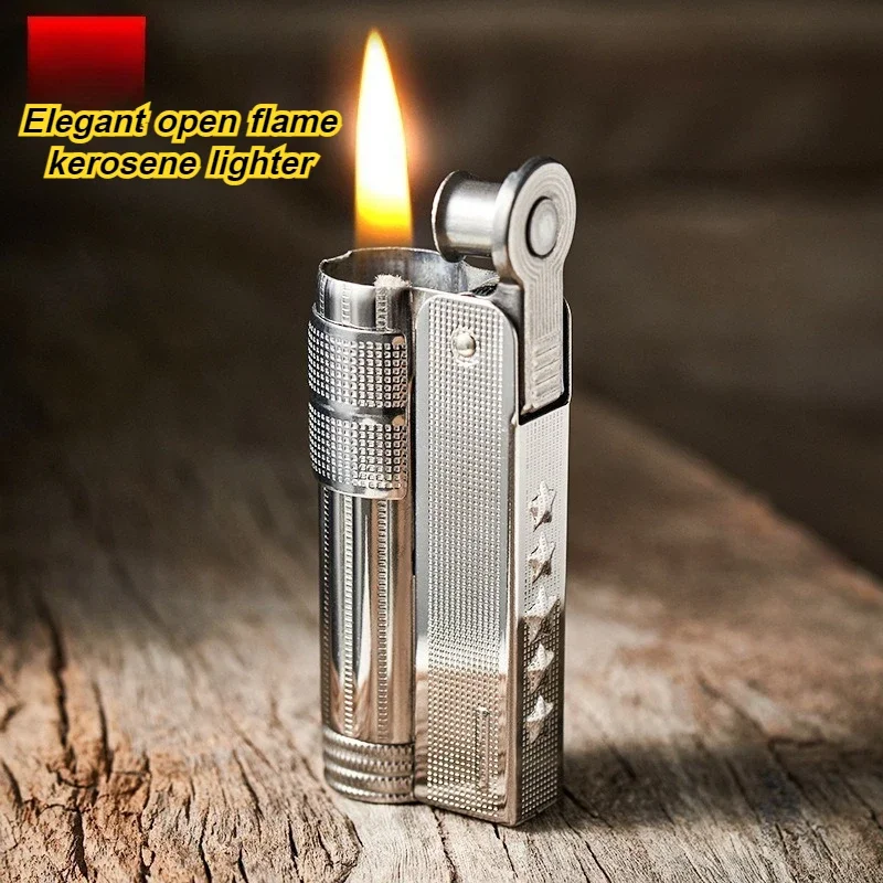 New High Beauty Five Star Hemp Point Open Flame Lighter Electroplating Process Classic Retro Metal Vintage Lighter Men's Gift
