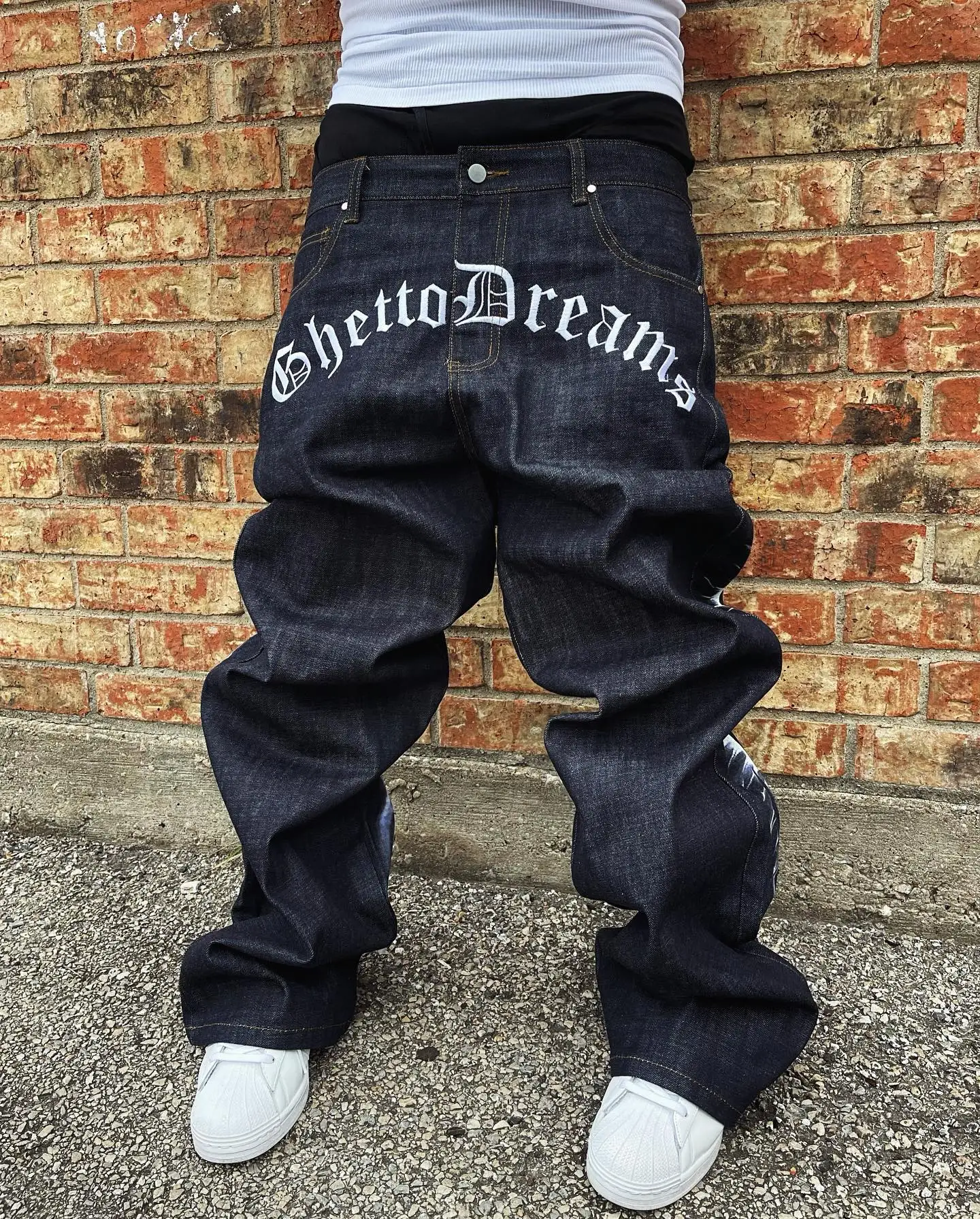 Goth Graphic Letter Embroidered Jeans Y2K Harajuku Hip Hop Vintage Baggy Jeans Mens Womens High Waist Straight Wide Trousers