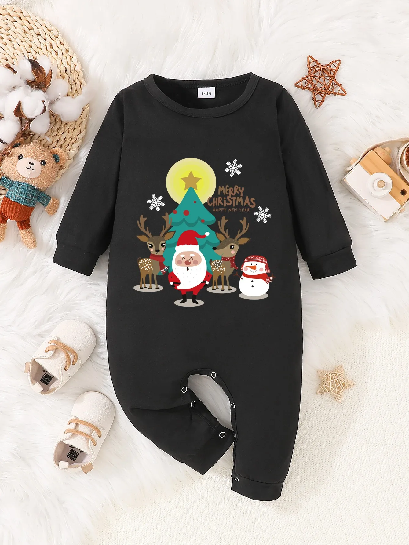 Super Cute Cartoon Christmas Dress Up Printed Clothing Baby One-Piece Baby Cotton Thin Pajamas 0-1 Years Old