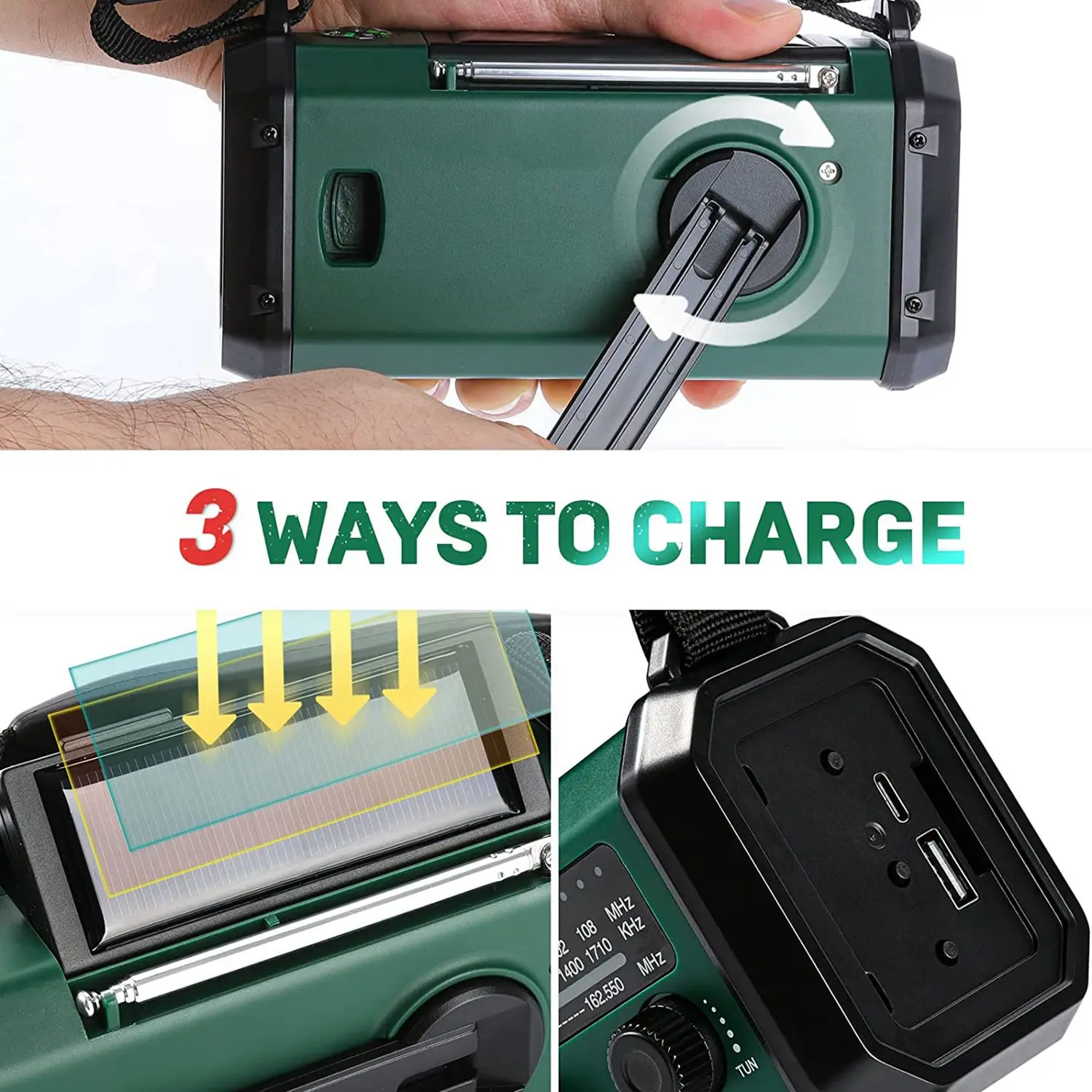 A92Z Solar Power Emergency Hand Crank Radio AM FM NOAA Weather Radio, SOS, 3 Modes LED Torch,Reading Lamp