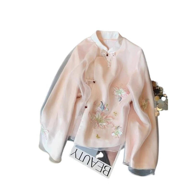 بلوزات شيفون مطرزة للنساء بأكمام طويلة بلوزات فضفاضة عتيقة على الطراز الصيني شيونغسام مقاس كبير