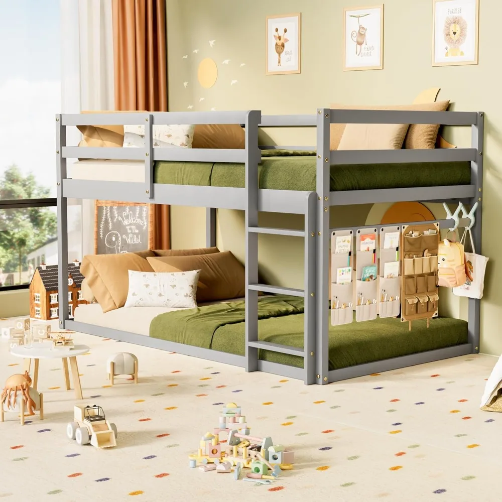 Low Bunk Bed Twin Over Twin,Floor Bunks Beds with Ladder, Twin Bunks Beds with Full Guardrails, Wooden Bunk Bed for Juniors,Boys