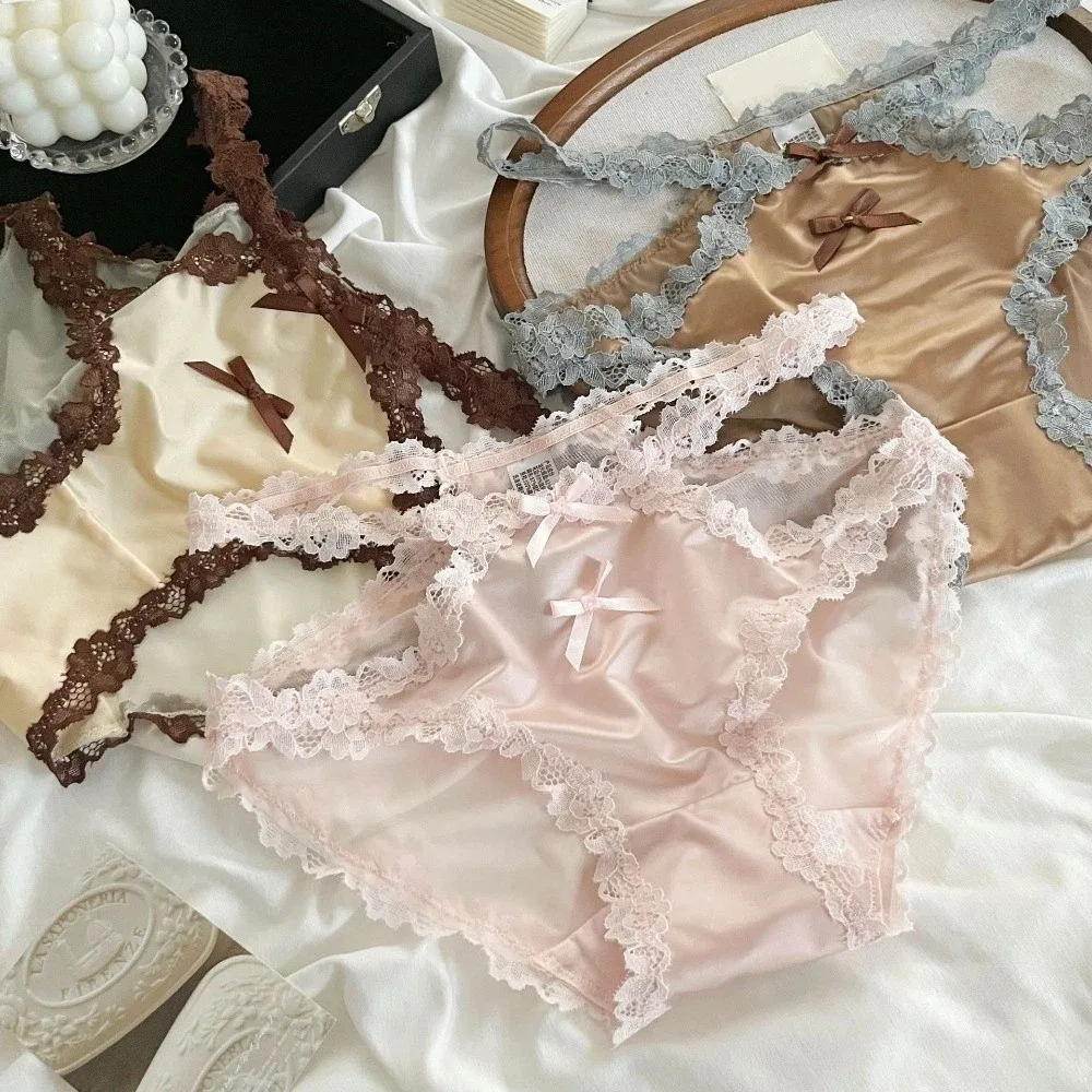 

Lingerie Bow Lace Flower Panties Transparent Seamless Lace Mesh Briefs Patchwork Mid Waist Women Underwear Gifts