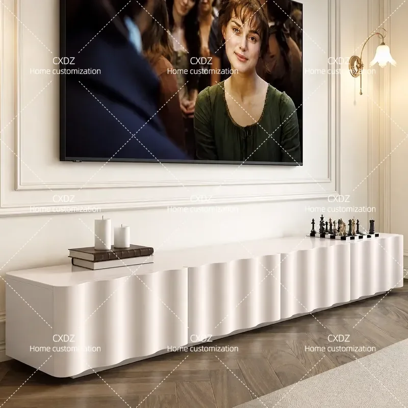 Cream Solid Wood TV Cabinet Wavy Pattern Living Room White Paint Modern Simple Floor Standing Media Console Storage Unit