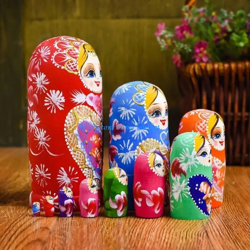 090b boneca russa matryoshka conjunto 10 bonecas empilháveis ​​crianças mão olho coordenação artesanal babushka brinquedo
