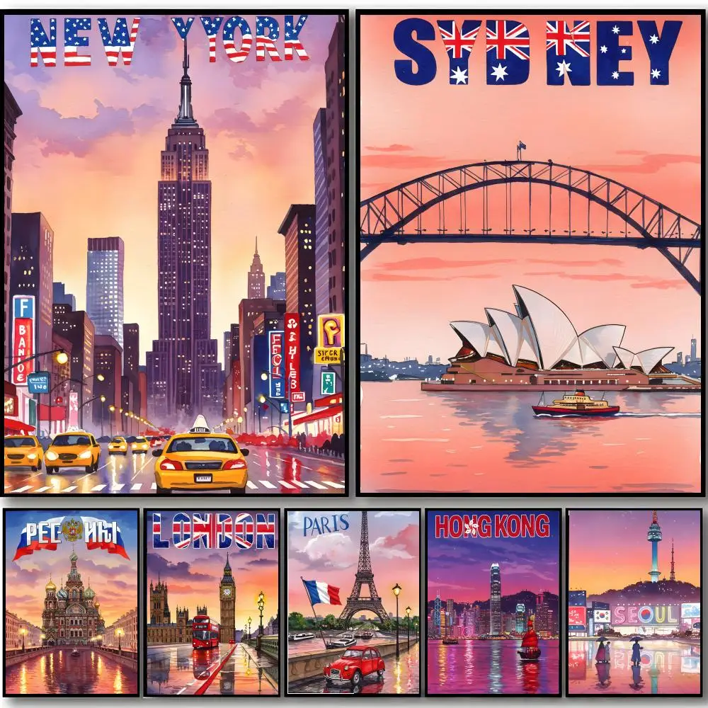 category global World-famous cities Poster HD art sticky wall waterproof home bedroom bar aesthetic decoration