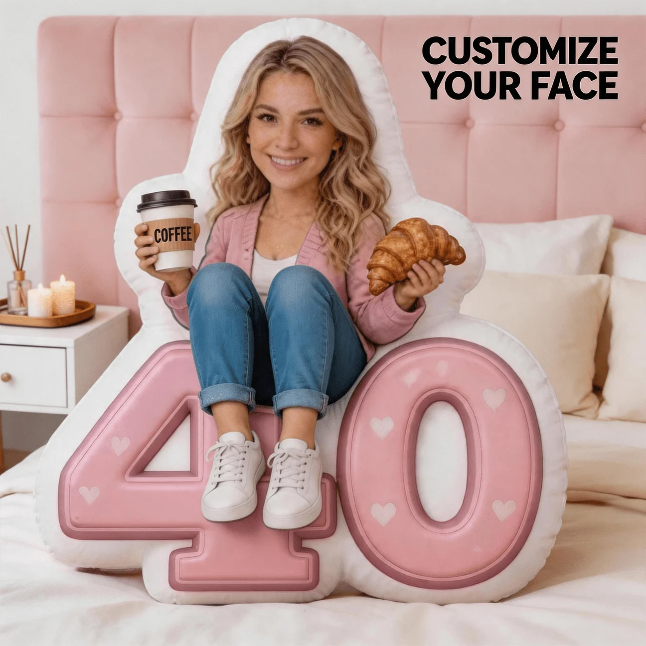 Personalized Photo Face Pillow with Your Own Picture - Large 60cm Number 40 Shaped Cushion Suitable for Sofa & Bed, Custom Photo