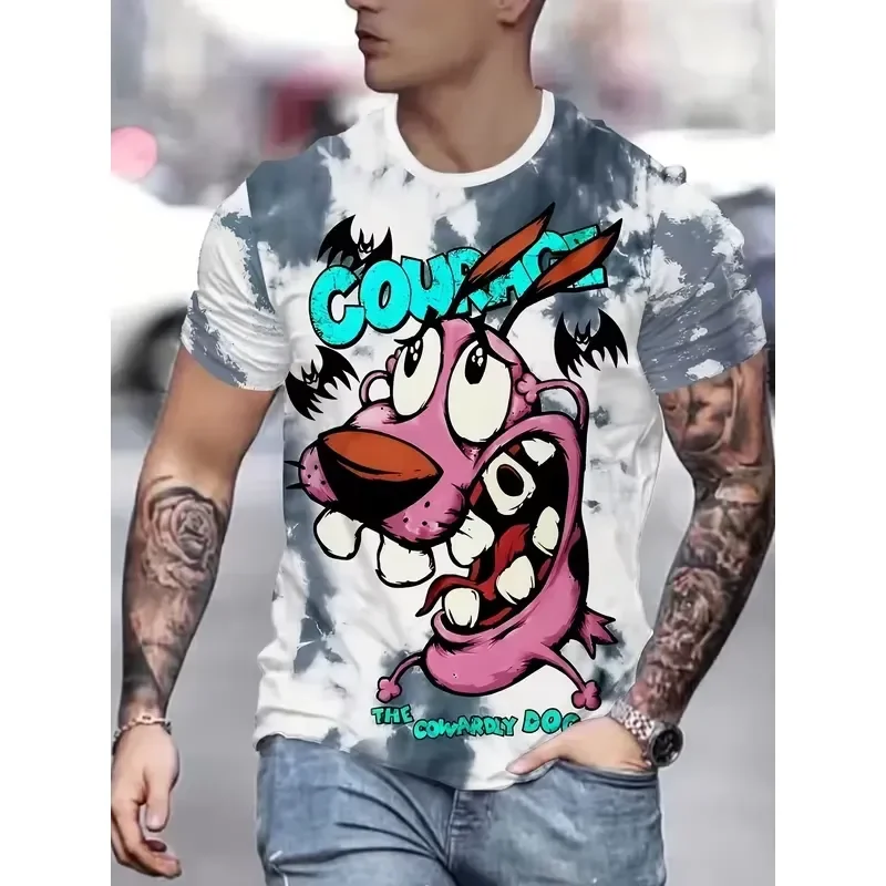 3D Digital Print Men's T Shirt 2026 New Fashion Cartoon Cowardly Dog Tee Polyester Round Neck Knitted Fabric Machine Washable