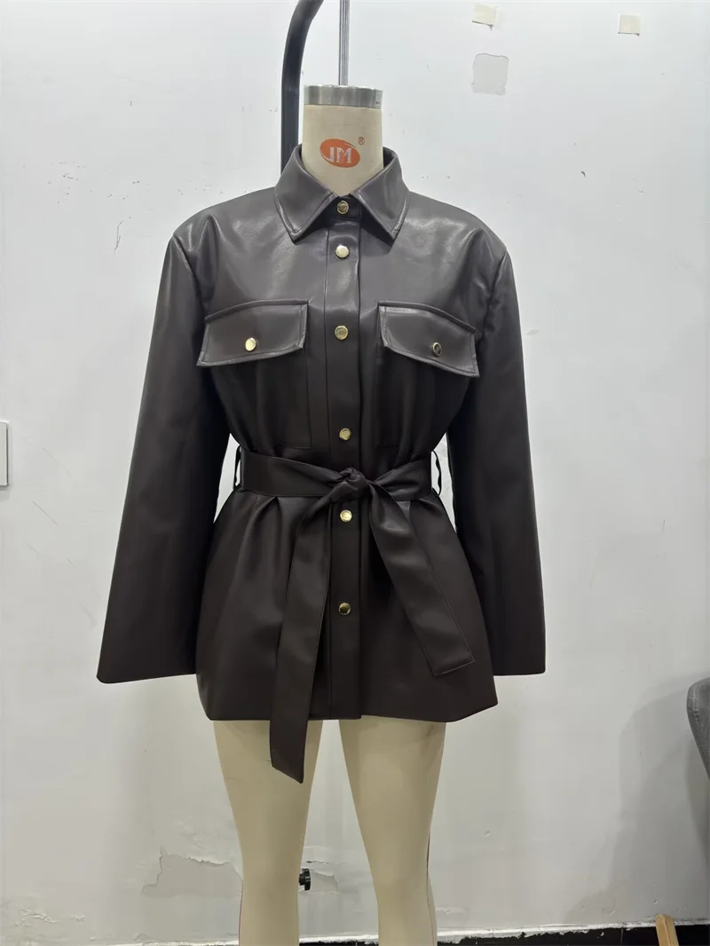 Damenmantel 2025, Herbst, neuer Stil, rotbraun, langärmelig, Kunstleder, lockerer Mantel mit Gürteldekoration, stilvoll und elegant