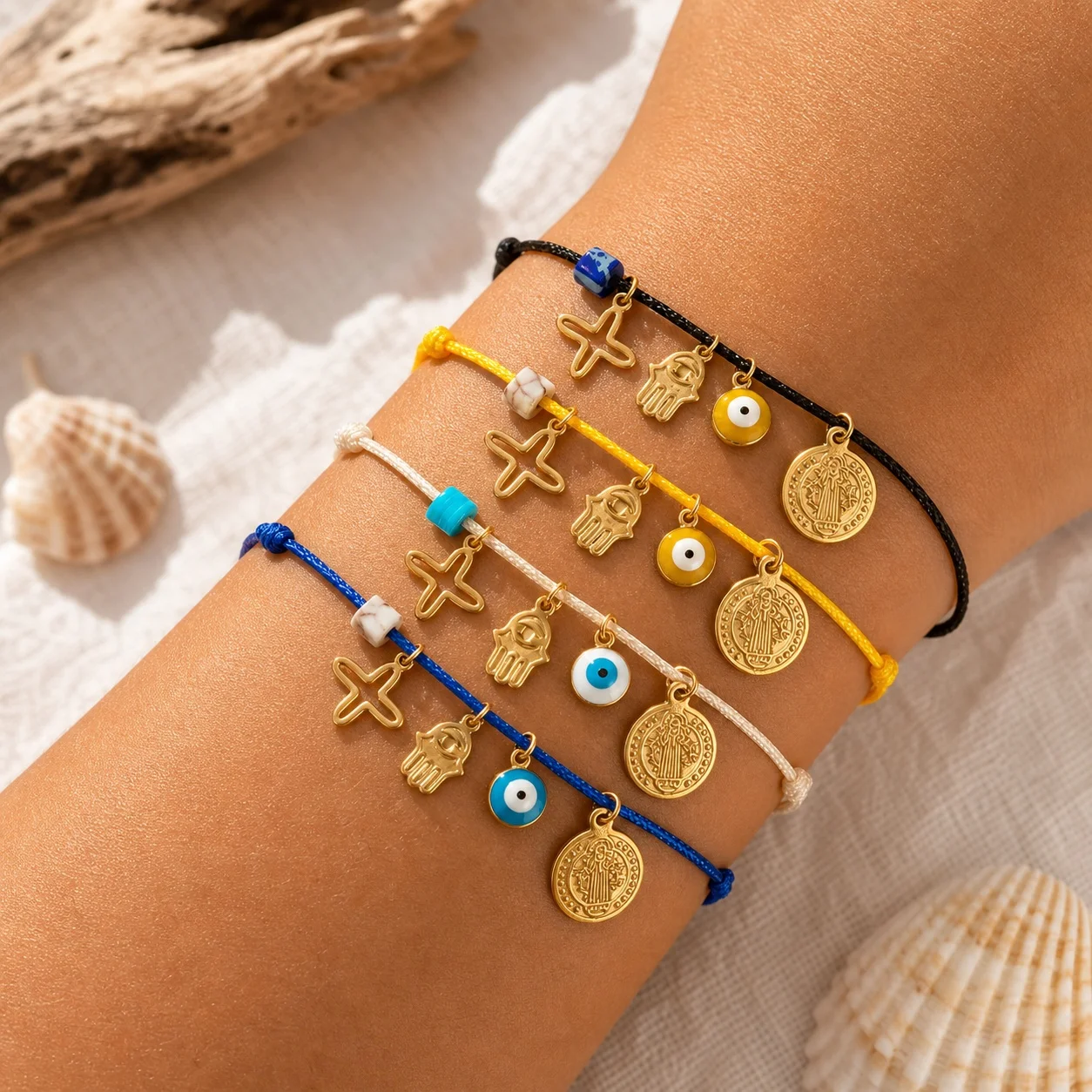 4pcs Boho Stainless Steel Charm Rope Chain Bracelet with Ocean Charms Evil Eye Hamsa Starfish Coin Beach Style