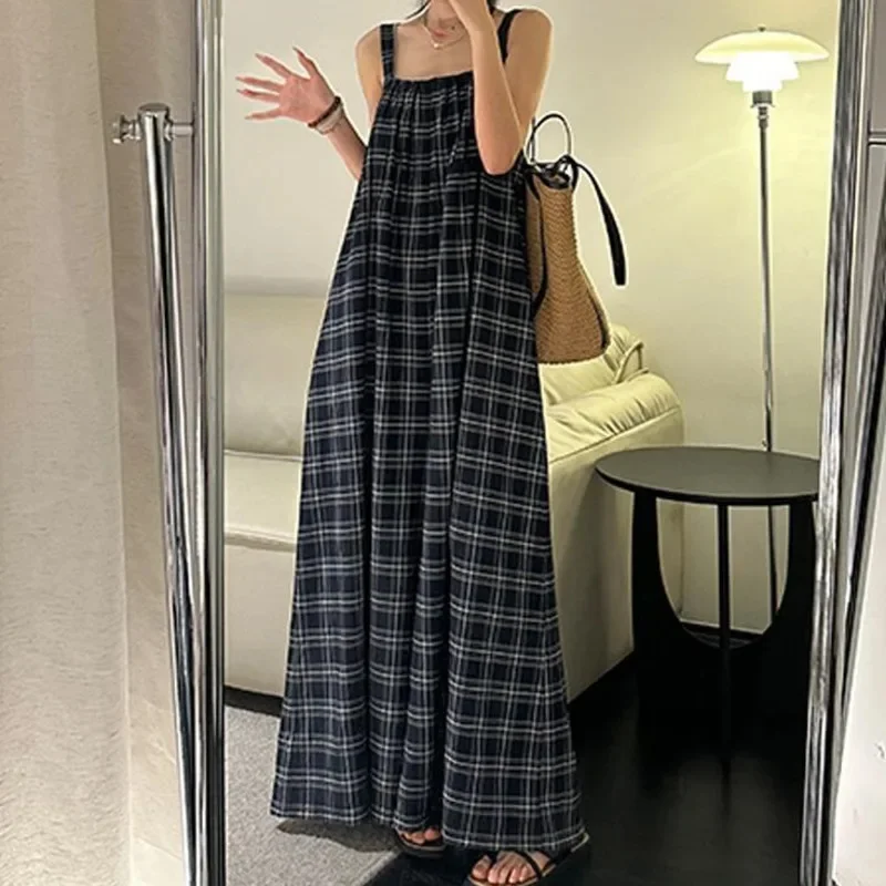 

Mini Dresses Jumpsuit Women French Checkered Square Collar Camisole Dress Summer Loose Retro Wide Leg Pants With Suspenders New