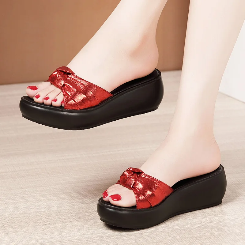 High quality summer wedge sandals for women 6cm mid heel new 2024 size  34 35 40 platform open toe elegant shoe black gold red