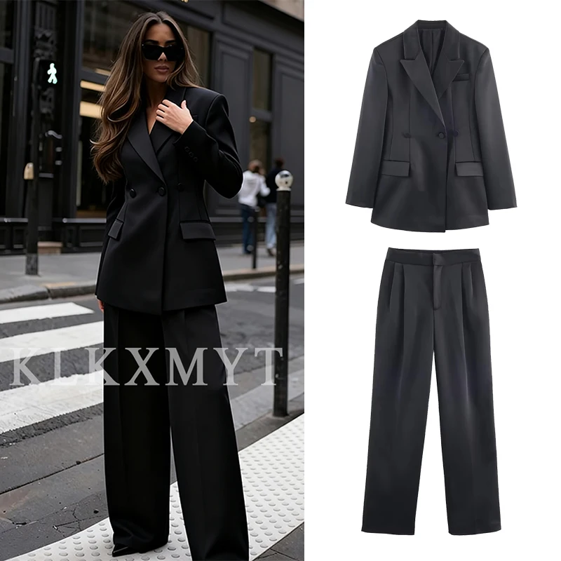 

Women’s Satin Suit 2025 New Fashion Solid Color Suit Long Sleeves Button Top+Leisure Pants Two Piece Set Women Elegant Suit