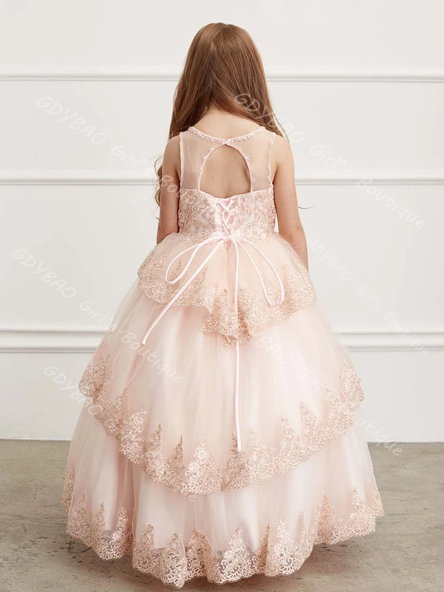 여아용 볼 가운 공주 드레스, 비즈 아플리케 티어드 튤 플라워 걸 드레스, 롱 맞춤 2-14세 어린이 성찬식/연주회 드레스