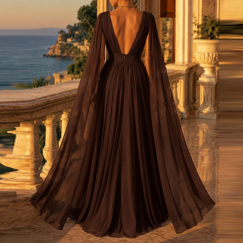 Autumn Slit Long Sleeve Maxi Dresses Luxury Deep V Neck Hollow Party Dress Women Casual Solid High Waist Mesh Pleated Long Dress