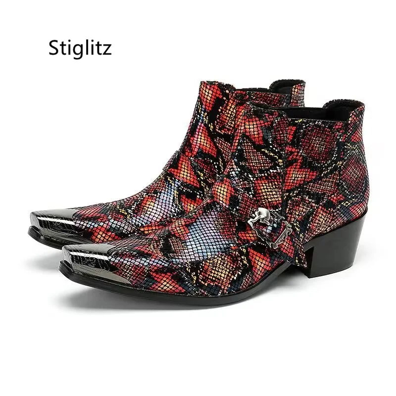 Belt Buckle Print Graffiti Ankle Boots Mixed Colors Slip On Men\'s Genuine Leather Chelsea Boots Metal Decor Man High Heels Shoes