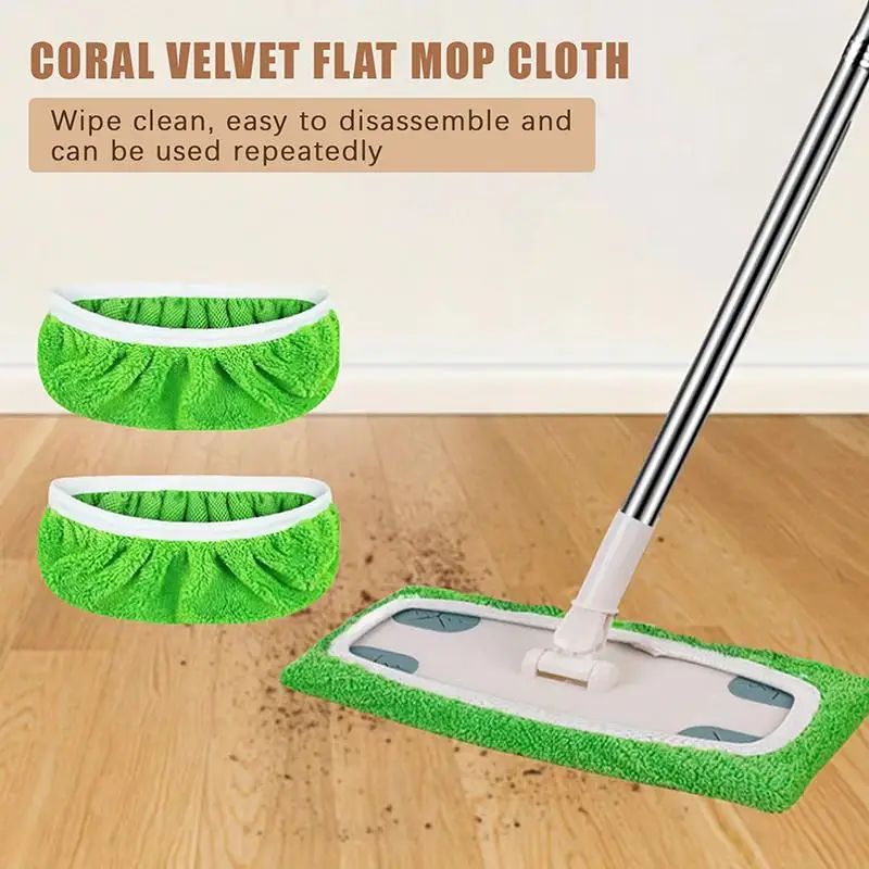 2Pcs Machine Washable Coral Velvet Flat Mop Cloths Strong Absorbent Durable Pads for Household Floor Cleaning