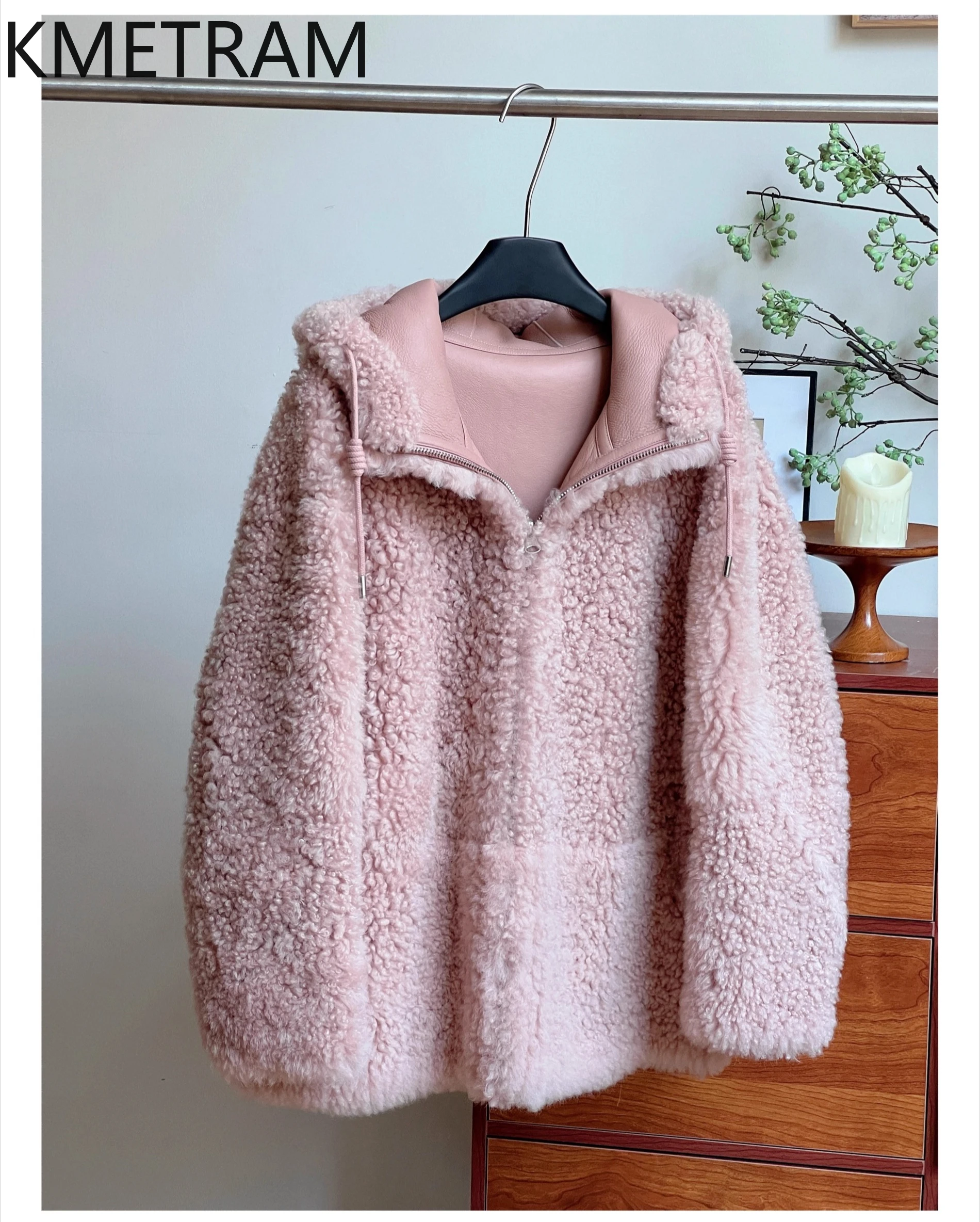 KMETRAM Natural Tuscany Sheepskin with Wool Attached Jacket Woman Reversible Real Fur Coat Hooded New in Coats Winter Clothing