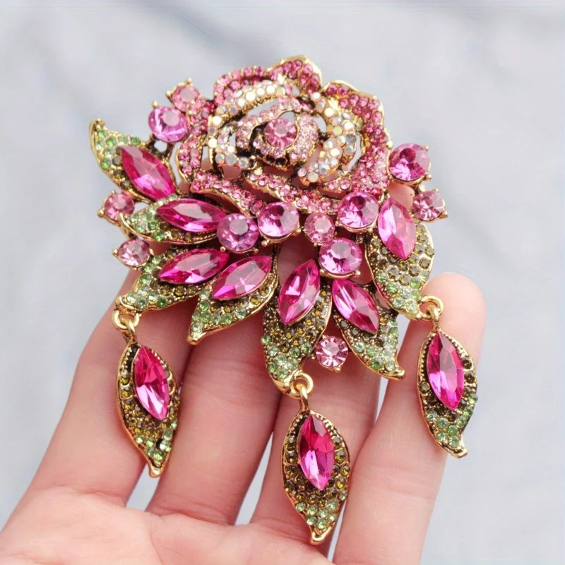 Stylish Design Large Attractive Green Rose Women\'s Rhinestone Pendant Brooch Corsage Pin Gift