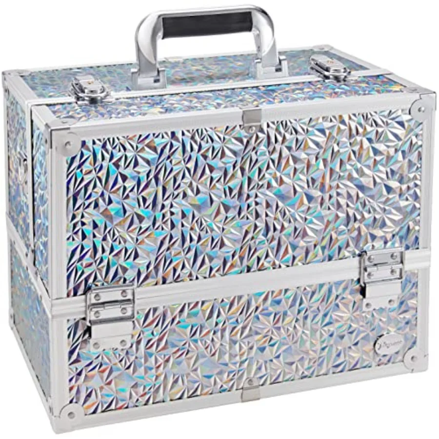

Makeup Train Case Large 6 Tray Professional Organizer Box - Cosmetic Make Up Carrier with Lock and Key Carrying Strap for Studi